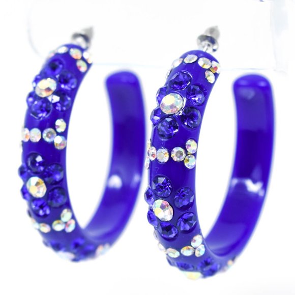 2" Flower Pattern Royal Lucite Rhinestone Earrings - Picture 8 of 12